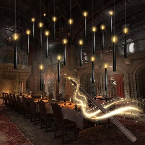 kakoya Flameless Floating Candles with Wand，20 Pcs Magic LED Hanging Taper Candles，Flickering Battery Operated Taper Candle with Wand Remote for Halloween Decorations Best Gift（White）