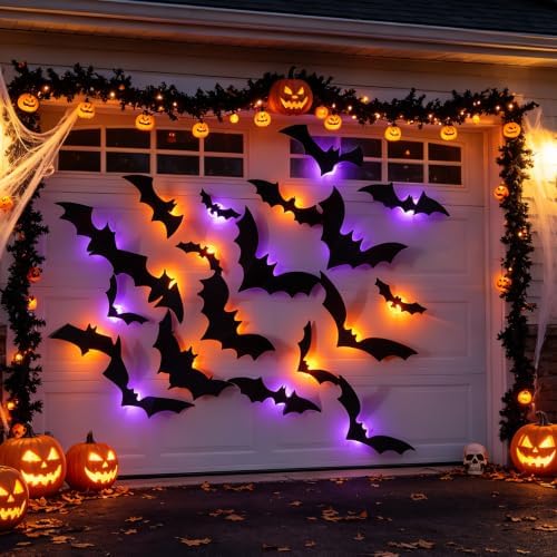 TW SHINE 40 PCS Halloween Bats Wall Stickers Decor, Removable PVC Lighted 3D Bats Wall Stickers Assorted Size, Halloween Decorations for Indoor Outdoor Home Window Party Supplies