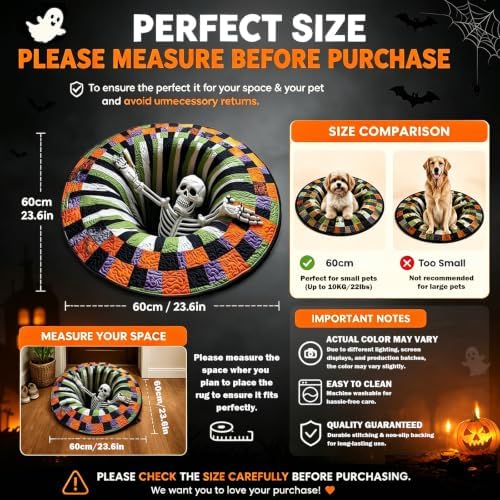 3D Halloween Rug, Ghost Skeleton vortex quilted 3D Optical Illusion Rugs | Candy Corn Abyss Quilted Round Mat with Spooky Depth Design Crystal Velvet Soft & Durable Fabric Non-slip（24INCH skull）