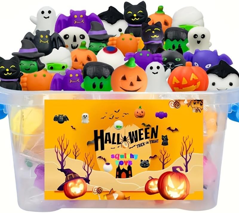 36Pcs Halloween Kawaii Squishies Treasure Box Mini Mochi Squishy Squeeze Toys Stress Reliever Anxiety Packs for Kids Halloween Party Favors (Halloween)