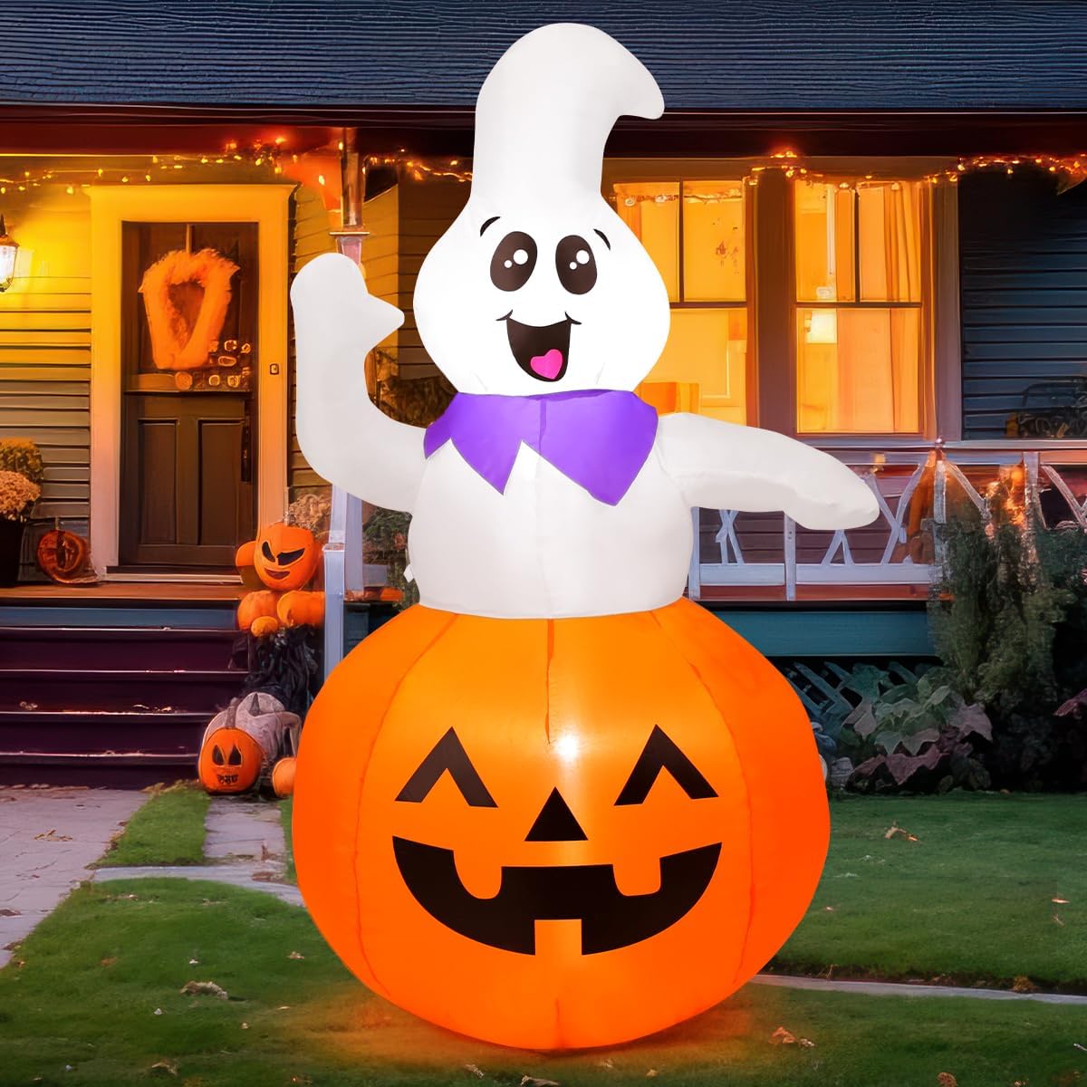 GOOSH 5 FT Halloween Inflatable Cute Pumpkin Ghost Outdoor Decorations Blow Up Yard Ghost in Pumpkin with Built-in LEDs for Indoor Party Garden Lawn Decor