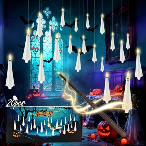 kakoya Flameless Floating Candles with Wand，20 Pcs Magic LED Hanging Taper Candles，Flickering Battery Operated Taper Candle with Wand Remote for Halloween Decorations Best Gift（White）