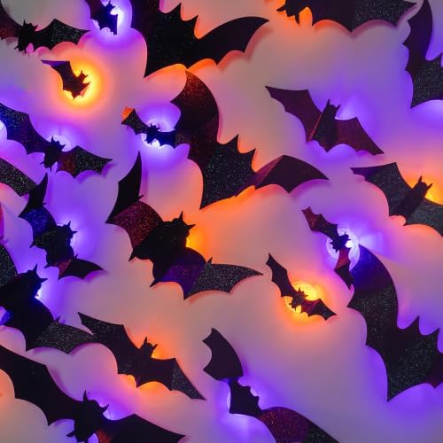 TW SHINE 40 PCS Halloween Bats Wall Stickers Decor, Removable PVC Lighted 3D Bats Wall Stickers Assorted Size, Halloween Decorations for Indoor Outdoor Home Window Party Supplies