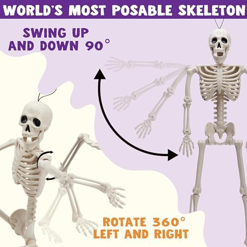 JOYIN 5 PCS Posable Halloween Skeleton Decor 16 Inches, Full Body Posable Joints Hanging Skeletons for Halloween Decorations, Graveyard Props, Haunted House Accessories, Spooky Scene Party Favors
