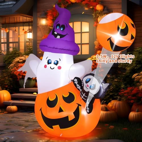 COMIN 5 FT Halloween Inflatables Pumpkin Ghost Cat Outdoor Decorations Blow Up Yard with Built-in LEDs for Indoor Party Garden Lawn Decor
