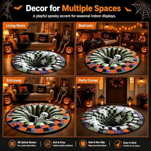 3D Halloween Rug, Ghost Skeleton vortex quilted 3D Optical Illusion Rugs | Candy Corn Abyss Quilted Round Mat with Spooky Depth Design Crystal Velvet Soft & Durable Fabric Non-slip（24INCH skull）