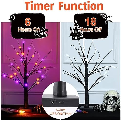 Halloween Decorations 2 Pack 24 Inch Color-Changing Halloween Tree Light,USB&Timer Battery Operated Orange and Purple Halloween Black Tree for Indoor Home Holiday Party Decorations (Orange & Purple)