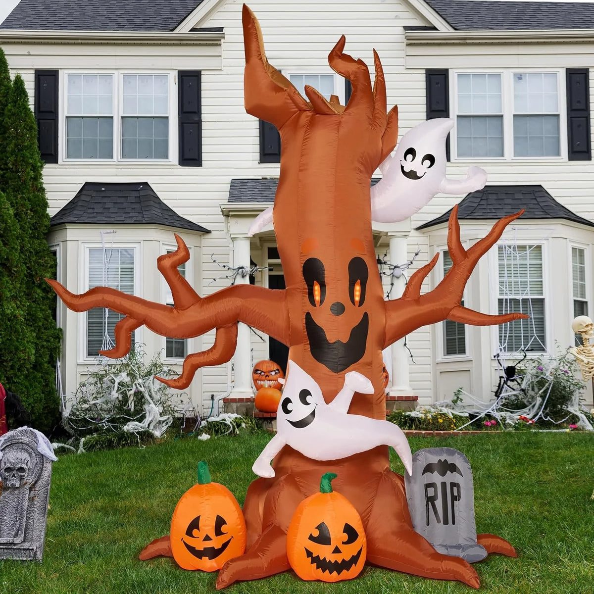 Joyfy 8 FT Halloween Inflatables Spooky Tree with Ghost,Pumpkin & Tombstone Tree Blow Up Decor with Built-in LED Lights for Yard,Lawn,Garden,Party,Holiday Outdoor Decorations