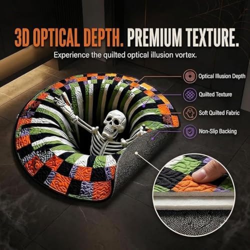 3D Halloween Rug, Ghost Skeleton vortex quilted 3D Optical Illusion Rugs | Candy Corn Abyss Quilted Round Mat with Spooky Depth Design Crystal Velvet Soft & Durable Fabric Non-slip（24INCH skull）