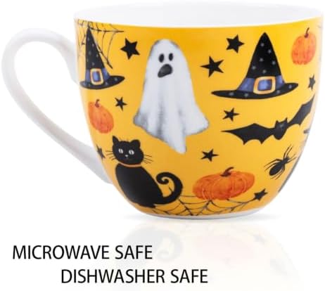 Orange Halloween Mug – 20oz Bone China Coffee Mug with Black Cat, Ghost, Pumpkin & Bat, Perfect Fall Gift for Halloween Lovers, Designed in England by Harvest Green Studio