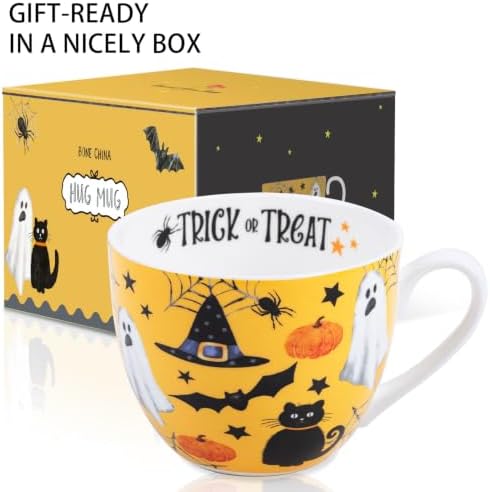 Orange Halloween Mug – 20oz Bone China Coffee Mug with Black Cat, Ghost, Pumpkin & Bat, Perfect Fall Gift for Halloween Lovers, Designed in England by Harvest Green Studio