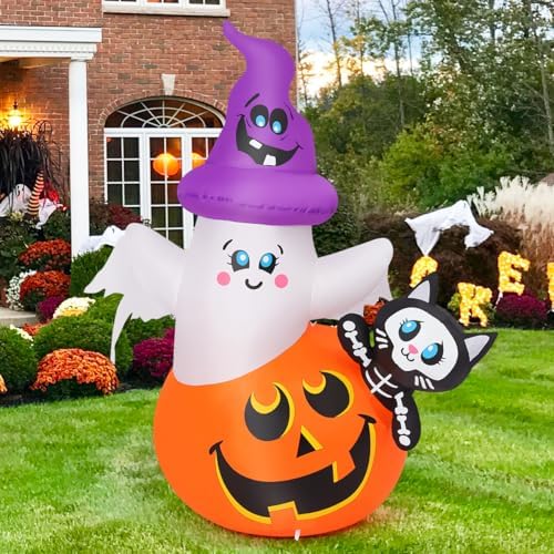 COMIN 5 FT Halloween Inflatables Pumpkin Ghost Cat Outdoor Decorations Blow Up Yard with Built-in LEDs for Indoor Party Garden Lawn Decor