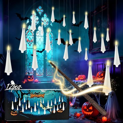 kakoya Flameless Floating Candles with Wand，20 Pcs Magic LED Hanging Taper Candles，Flickering Battery Operated Taper Candle with Wand Remote for Halloween Decorations Best Gift（White）