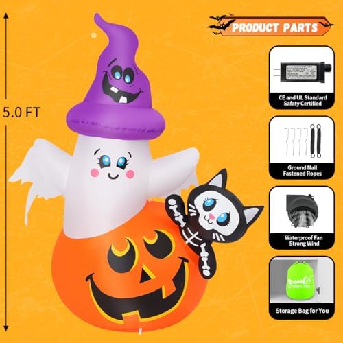 COMIN 5 FT Halloween Inflatables Pumpkin Ghost Cat Outdoor Decorations Blow Up Yard with Built-in LEDs for Indoor Party Garden Lawn Decor