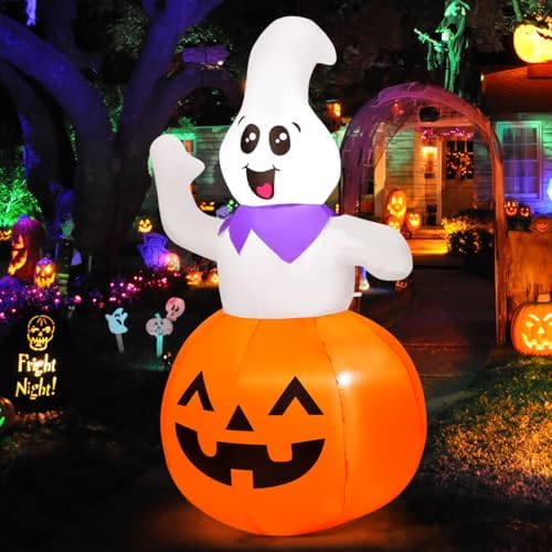 GOOSH 5 FT Halloween Inflatable Cute Pumpkin Ghost Outdoor Decorations Blow Up Yard Ghost in Pumpkin with Built-in LEDs for Indoor Party Garden Lawn Decor
