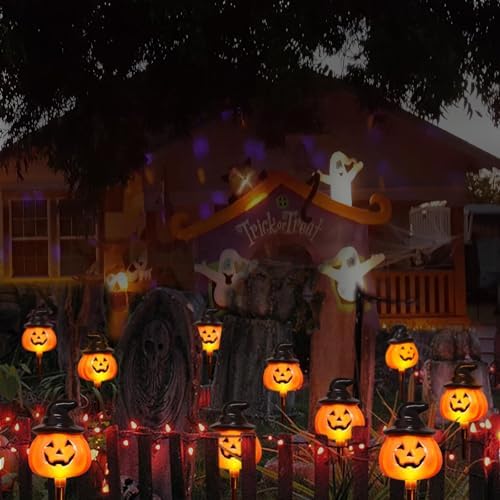 6 Pack Solar Jack O Lantern Stake String Lights - Orange Halloween Pathway Decor for Outdoor Halloween Yard Display