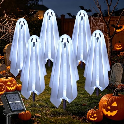 Solar Ghost Lights for Outdoor Halloween Decoration, Set of 6 Scary Spooky Pathway Lights for Trick or Treat Outside Garden Grave Lawn Porch Yard Halloween Party Decor, Cool White