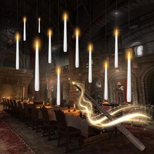 kakoya Flameless Floating Candles with Wand，20 Pcs Magic LED Hanging Taper Candles，Flickering Battery Operated Taper Candle with Wand Remote for Halloween Decorations Best Gift（White）