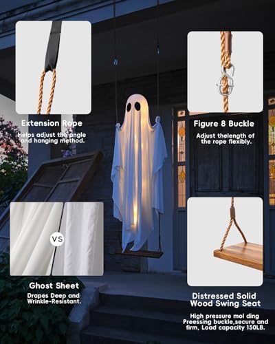 Halloween Decorations Outdoor - 5 FT Large Hanging Swing Ghost Halloween Decor with String Lights, Spooky Cute Ghosts Decorations for Front Porch Yard Tree