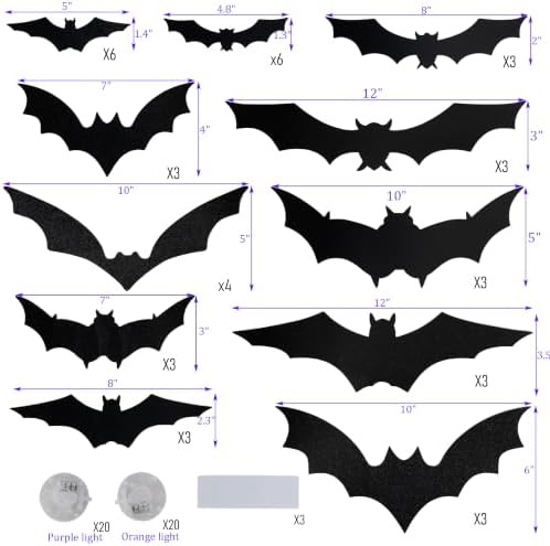TW SHINE 40 PCS Halloween Bats Wall Stickers Decor, Removable PVC Lighted 3D Bats Wall Stickers Assorted Size, Halloween Decorations for Indoor Outdoor Home Window Party Supplies