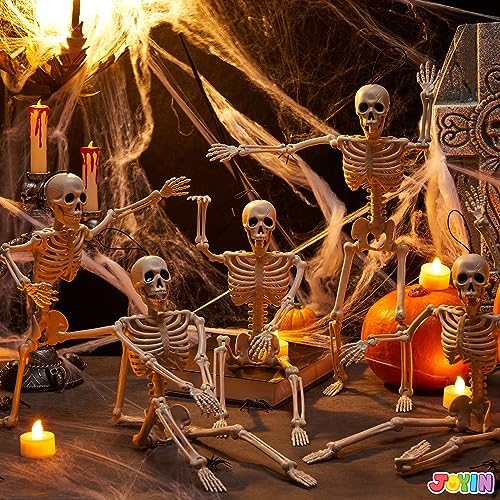 JOYIN 5 PCS Posable Halloween Skeleton Decor 16 Inches, Full Body Posable Joints Hanging Skeletons for Halloween Decorations, Graveyard Props, Haunted House Accessories, Spooky Scene Party Favors
