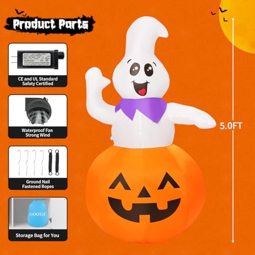 GOOSH 5 FT Halloween Inflatable Cute Pumpkin Ghost Outdoor Decorations Blow Up Yard Ghost in Pumpkin with Built-in LEDs for Indoor Party Garden Lawn Decor