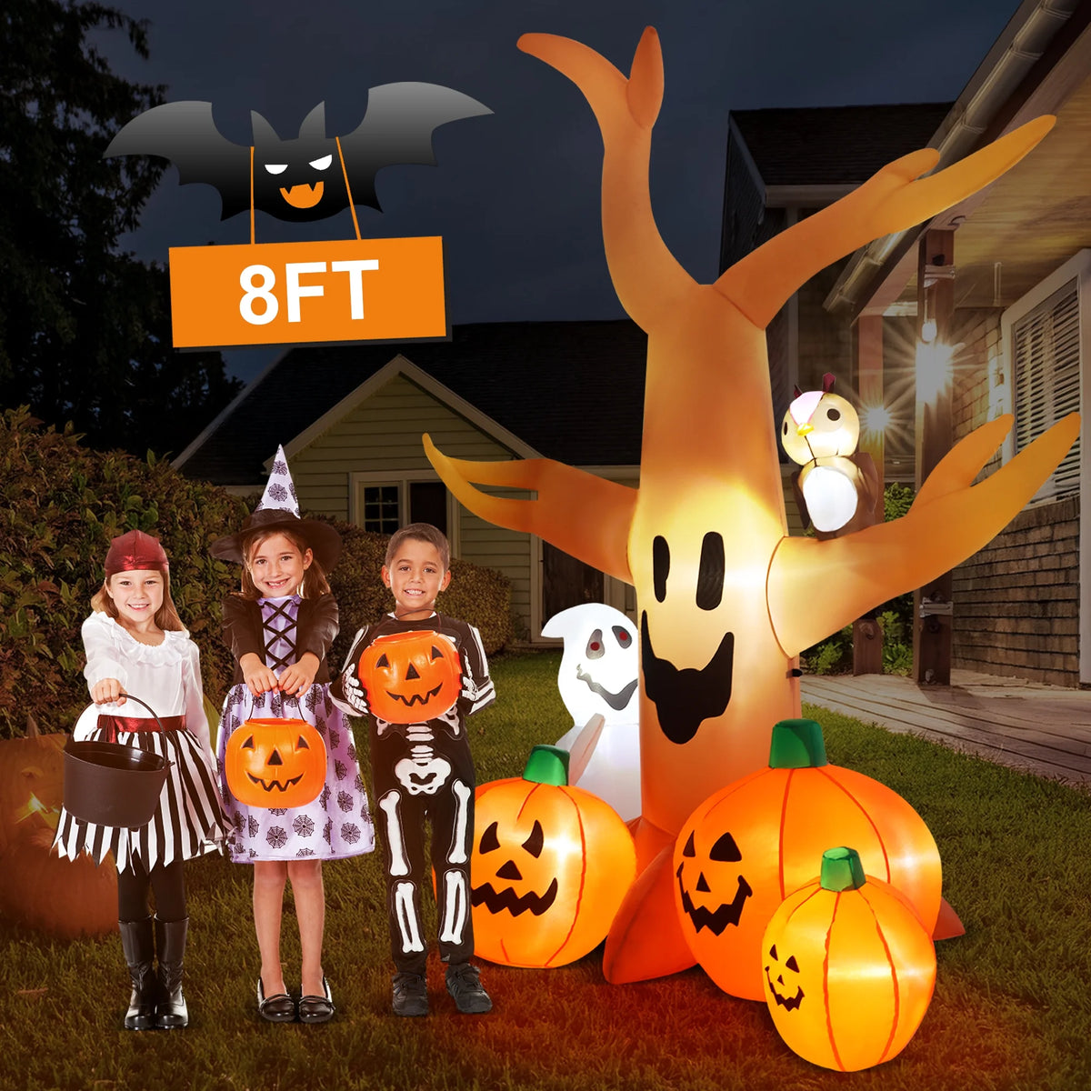 Yexmas 8FT Halloween Inflatables Dead Tree,Outdoor Halloween Decorations with Built-in LED Lights ,Halloween Blow Up Yard Decorations with Pumpkin,Ghost,and Owl