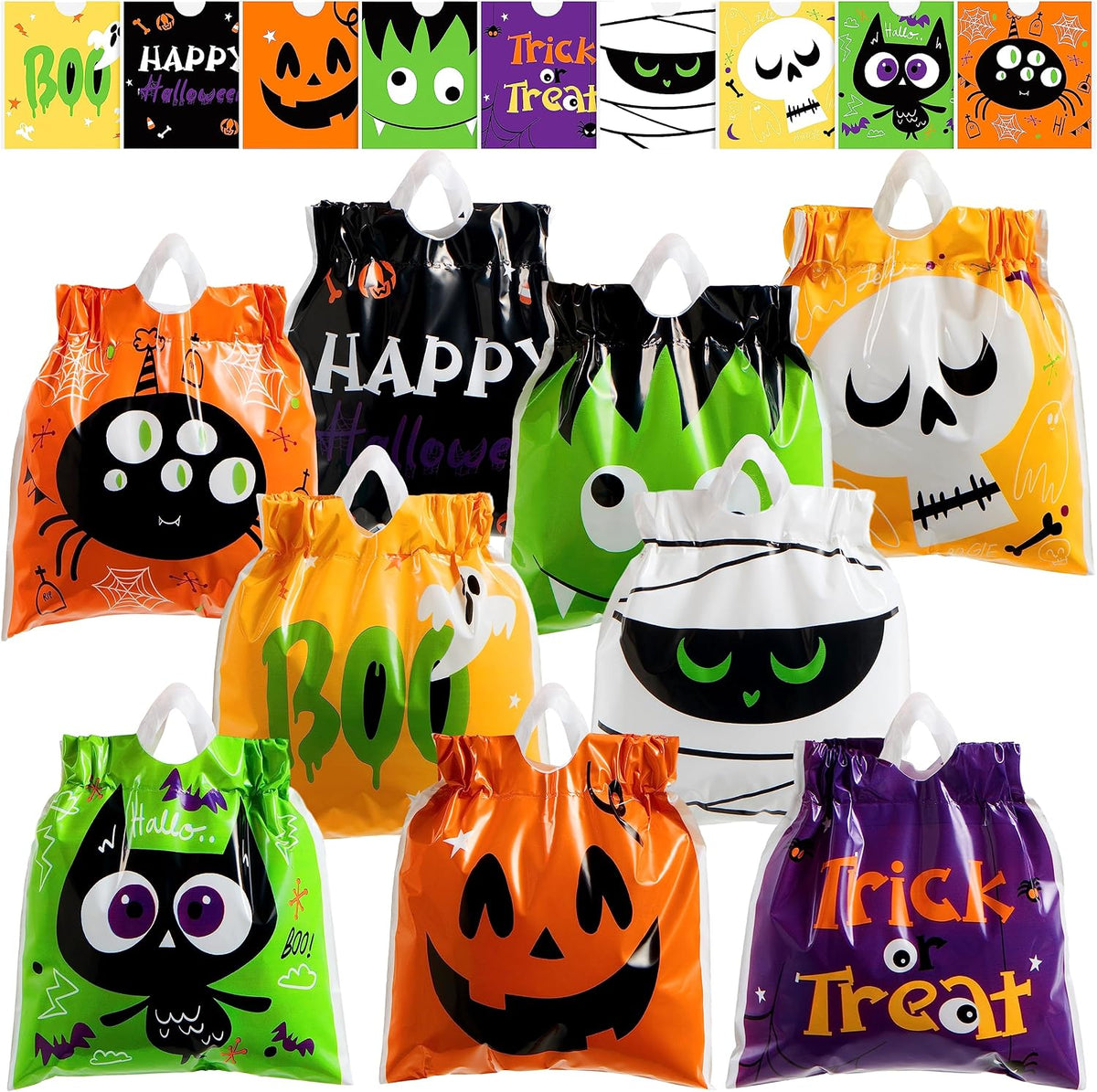 JOYIN 108 PCS Halloween Drawstring Treat Bags with 9 Character Designs, Mini Halloween Goodie Candy Bags, Plastic Gift Bag Bulk for Kids Boys Girls Trick or Treating, Party Favor Supplies
