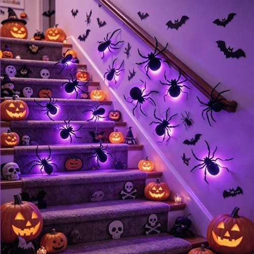 DR.DUDU 36 Pack Halloween Wall Decor Light up Spiders, Purple