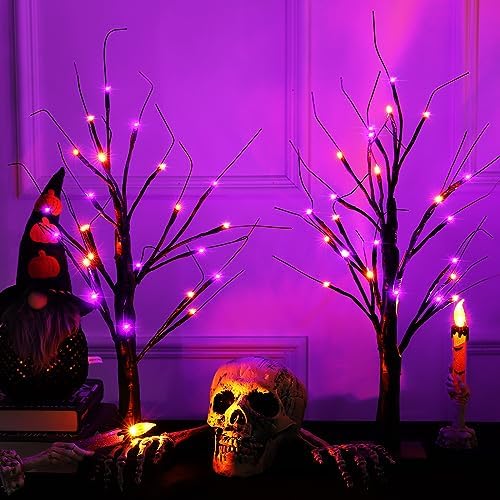 Halloween Decorations 2 Pack 24 Inch Color-Changing Halloween Tree Light,USB&Timer Battery Operated Orange and Purple Halloween Black Tree for Indoor Home Holiday Party Decorations (Orange & Purple)