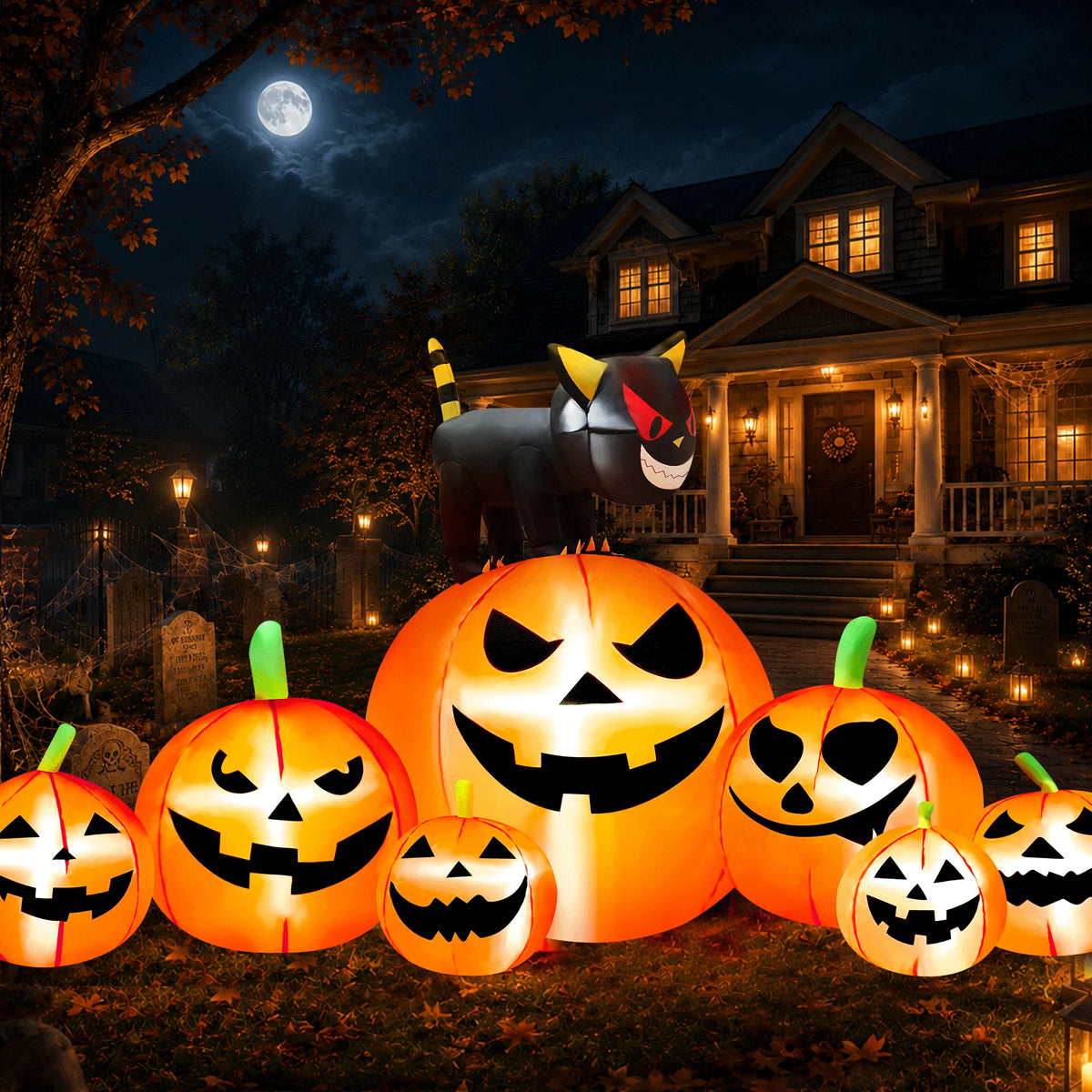 Yexmas 8.7ft Halloween Inflatables Pumpkins 7 Blow Up Decor with Witches Hat, Built-in LED Lights for Halloween Party, Yard, Garden, Lawn