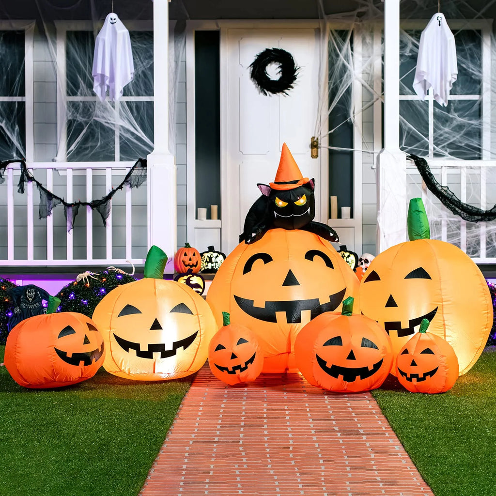 Joyfy 7 ft Halloween Inflatable Long Pumpkin with Witch's Cat Decorations Inflatables with Build-in LEDs,Halloween Decor Outdoor Blow Up Yard Decorations