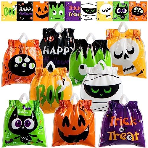 JOYIN 108 PCS Halloween Drawstring Treat Bags with 9 Character Designs, Mini Halloween Goodie Candy Bags, Plastic Gift Bag Bulk for Kids Boys Girls Trick or Treating, Party Favor Supplies