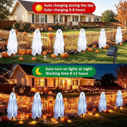 Solar Ghost Lights for Outdoor Halloween Decoration, Set of 6 Scary Spooky Pathway Lights for Trick or Treat Outside Garden Grave Lawn Porch Yard Halloween Party Decor, Cool White