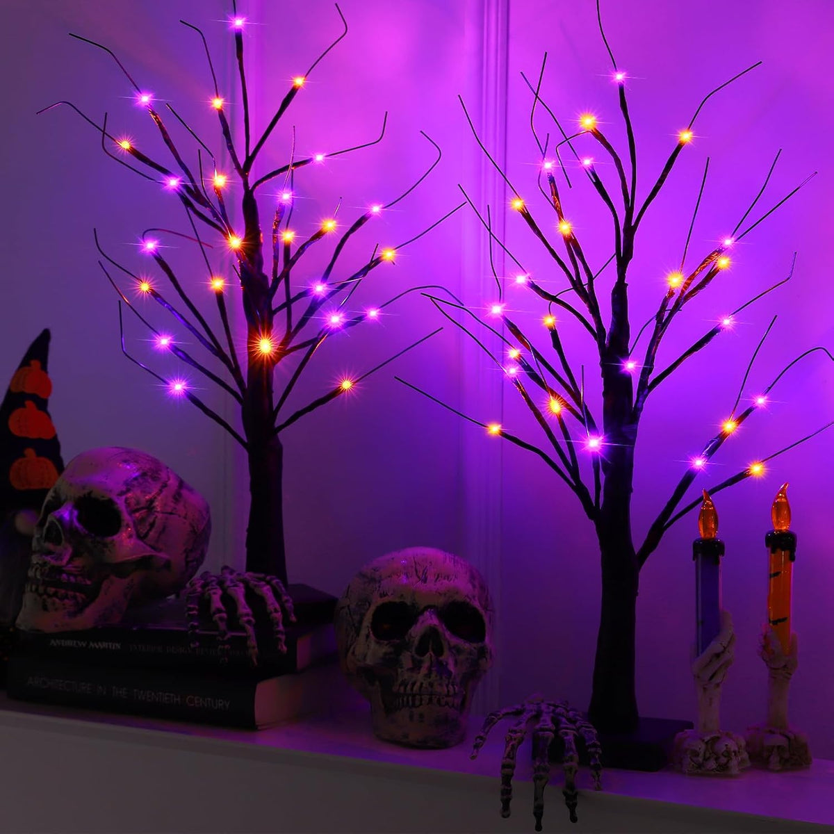 Halloween Decorations 2 Pack 24 Inch Color-Changing Halloween Tree Light,USB&Timer Battery Operated Orange and Purple Halloween Black Tree for Indoor Home Holiday Party Decorations (Orange & Purple)