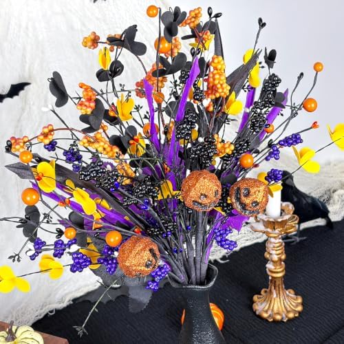 6-Pack Halloween Floral Picks 17" Jack-o'-Lanterns and 3-Color Berry