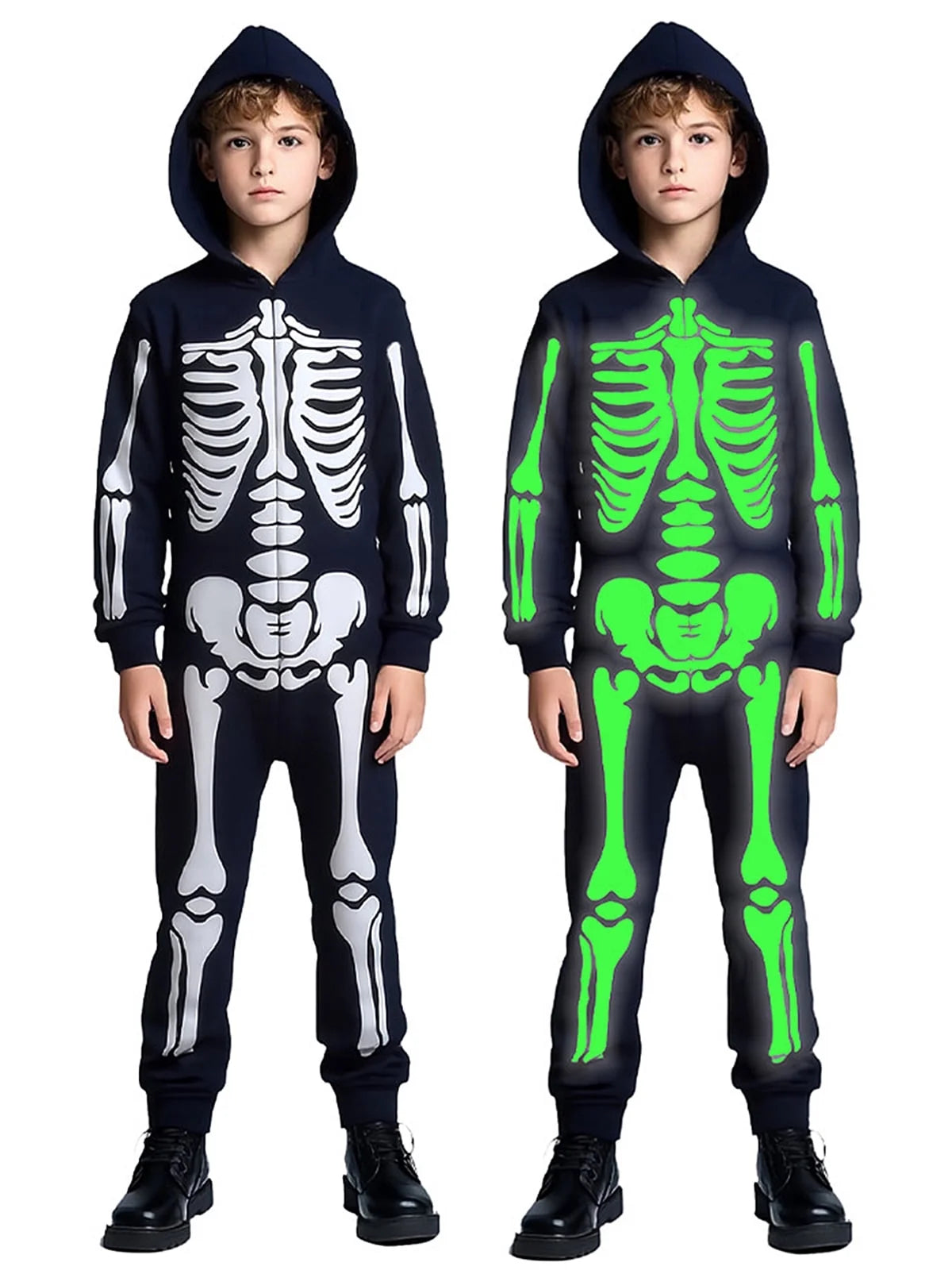 WIBACKER Glow-in-the-Dark Skeleton Costume for Boys and Girls, Halloween Fancy-Dress Jumpsuit Outfit for Children Aged 3-10 Years
