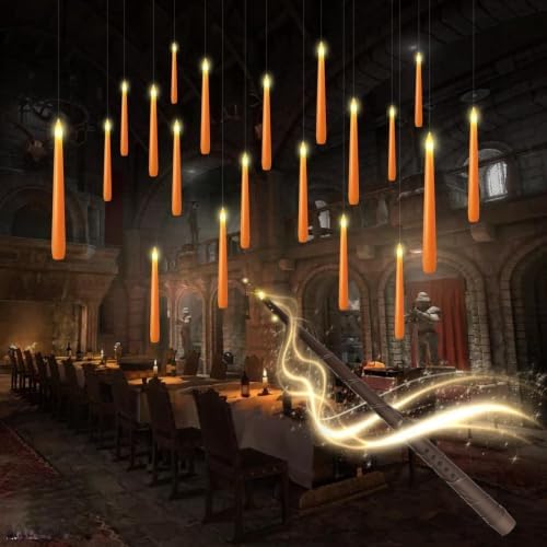 kakoya Flameless Floating Candles with Wand，20 Pcs Magic LED Hanging Taper Candles，Flickering Battery Operated Taper Candle with Wand Remote for Halloween Decorations Best Gift（White）