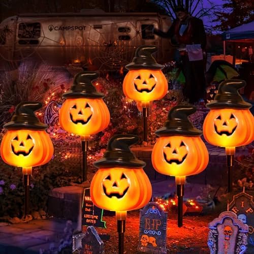 6 Pack Solar Jack O Lantern Stake String Lights - Orange Halloween Pathway Decor for Outdoor Halloween Yard Display