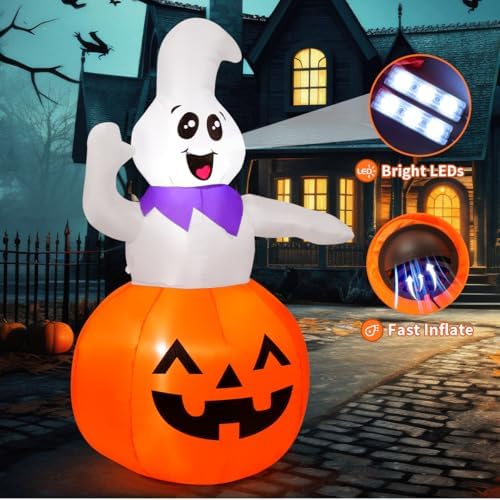 GOOSH 5 FT Halloween Inflatable Cute Pumpkin Ghost Outdoor Decorations Blow Up Yard Ghost in Pumpkin with Built-in LEDs for Indoor Party Garden Lawn Decor