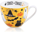 Orange Halloween Mug – 20oz Bone China Coffee Mug with Black Cat, Ghost, Pumpkin & Bat, Perfect Fall Gift for Halloween Lovers, Designed in England by Harvest Green Studio