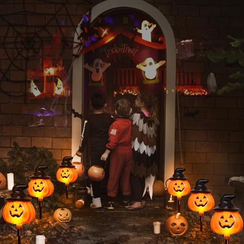 6 Pack Solar Jack O Lantern Stake String Lights - Orange Halloween Pathway Decor for Outdoor Halloween Yard Display