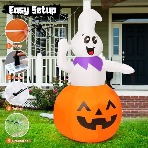 GOOSH 5 FT Halloween Inflatable Cute Pumpkin Ghost Outdoor Decorations Blow Up Yard Ghost in Pumpkin with Built-in LEDs for Indoor Party Garden Lawn Decor