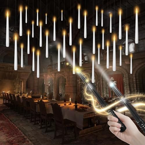 kakoya Flameless Floating Candles with Wand，20 Pcs Magic LED Hanging Taper Candles，Flickering Battery Operated Taper Candle with Wand Remote for Halloween Decorations Best Gift（White）