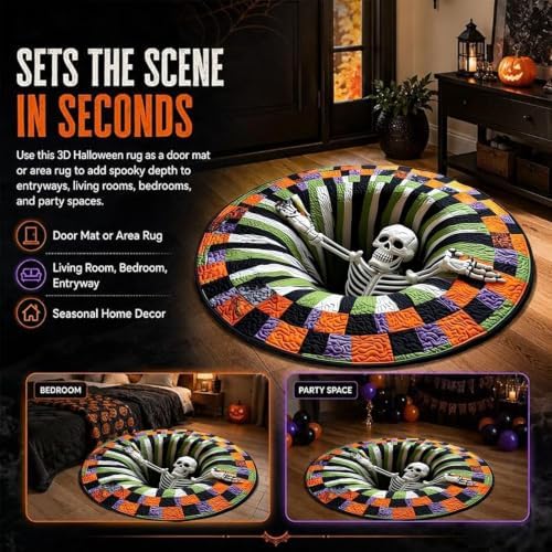 3D Halloween Rug, Ghost Skeleton vortex quilted 3D Optical Illusion Rugs | Candy Corn Abyss Quilted Round Mat with Spooky Depth Design Crystal Velvet Soft & Durable Fabric Non-slip（24INCH skull）