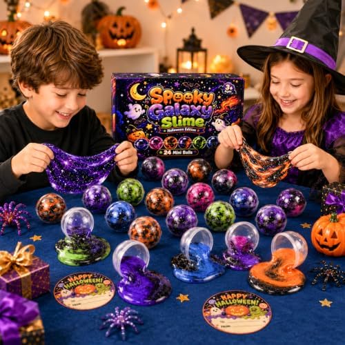 D'ALBA 24 Pack Halloween Galaxy Slime Balls, Party Favors for Kids