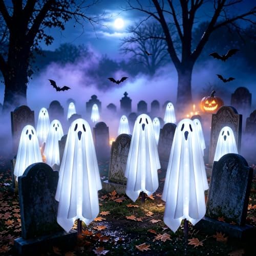 Solar Ghost Lights for Outdoor Halloween Decoration, Set of 6 Scary Spooky Pathway Lights for Trick or Treat Outside Garden Grave Lawn Porch Yard Halloween Party Decor, Cool White