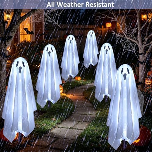 Solar Ghost Lights for Outdoor Halloween Decoration, Set of 6 Scary Spooky Pathway Lights for Trick or Treat Outside Garden Grave Lawn Porch Yard Halloween Party Decor, Cool White