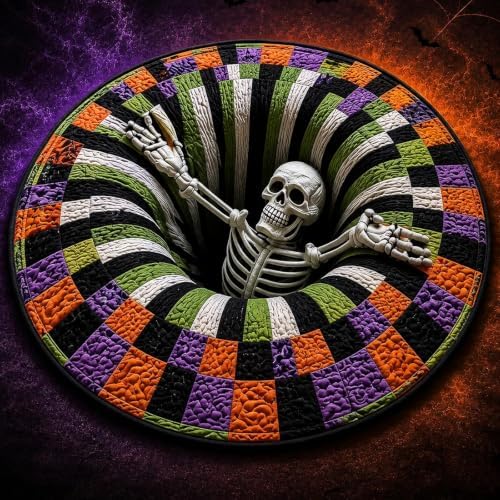 3D Halloween Rug, Ghost Skeleton vortex quilted 3D Optical Illusion Rugs | Candy Corn Abyss Quilted Round Mat with Spooky Depth Design Crystal Velvet Soft & Durable Fabric Non-slip（24INCH skull）