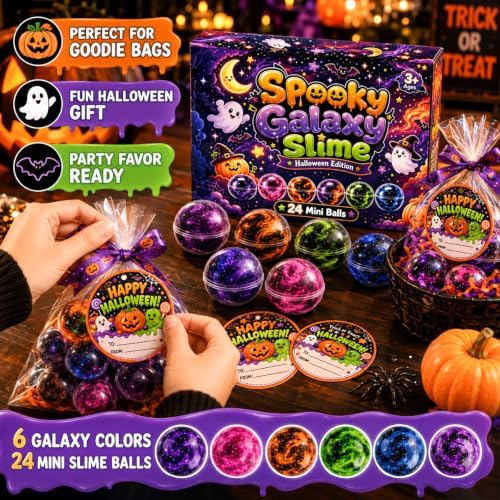 D'ALBA 24 Pack Halloween Galaxy Slime Balls, Party Favors for Kids